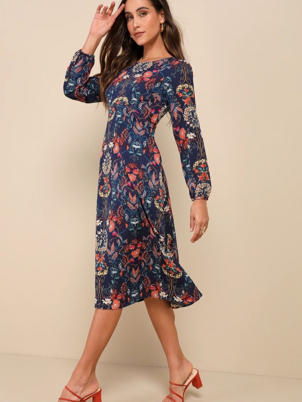 I. Madeline Garden Splendor Navy Floral Long-Sleeve Midi Dress